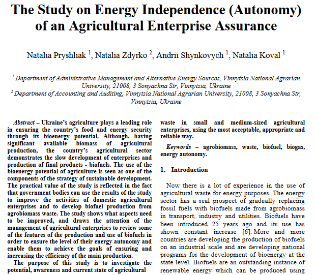 The Study on Energy Independence (Autonomy) of an Agricultural Enterprise Assurance-image