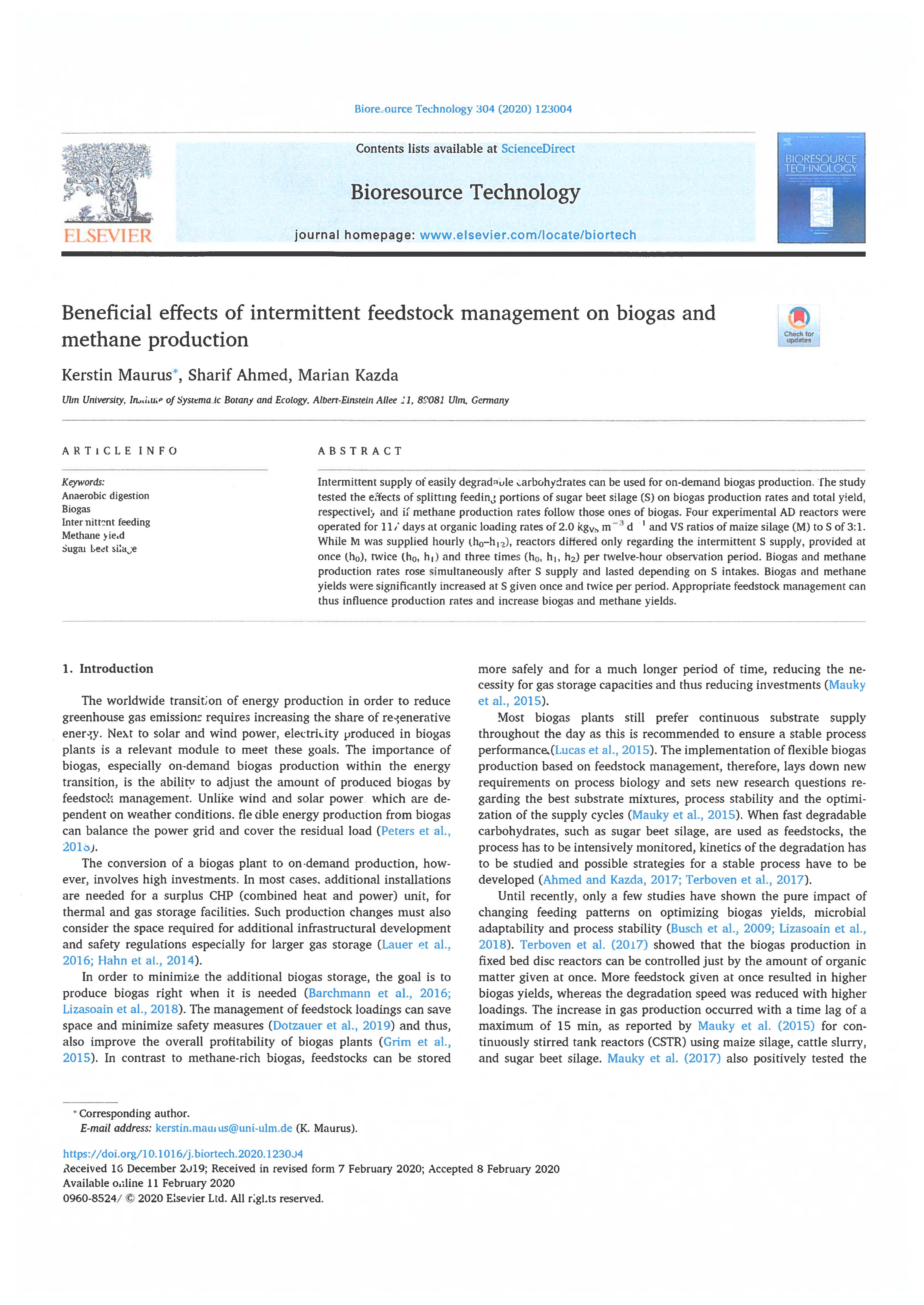 Beneficial effects of intermittent feedstock management on biogas and methane production-image