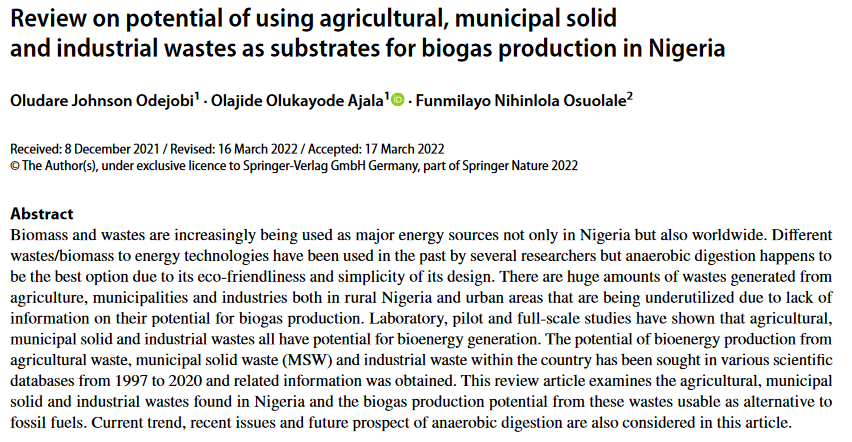 Review on potential of using agricultural, municipal solid and industrial wastes as substrates for biogas production in Nigeria-image
