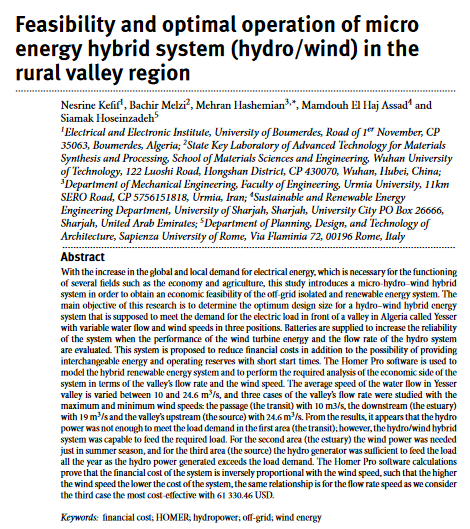 Feasibility and optimal operation of micro energy hybrid system (hydro/wind) in the rural valley region-image
