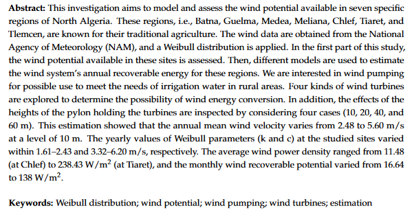 Estimation of the wind energy potential in various north algerian regions-image
