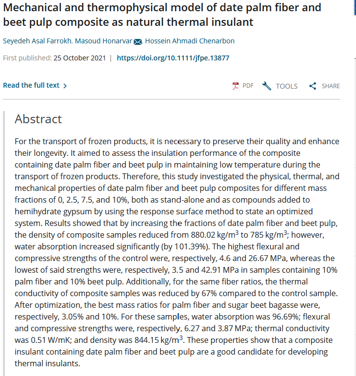 Mechanical and thermophysical model of date palm fiber and beet pulp composite as natural thermal insulant-image