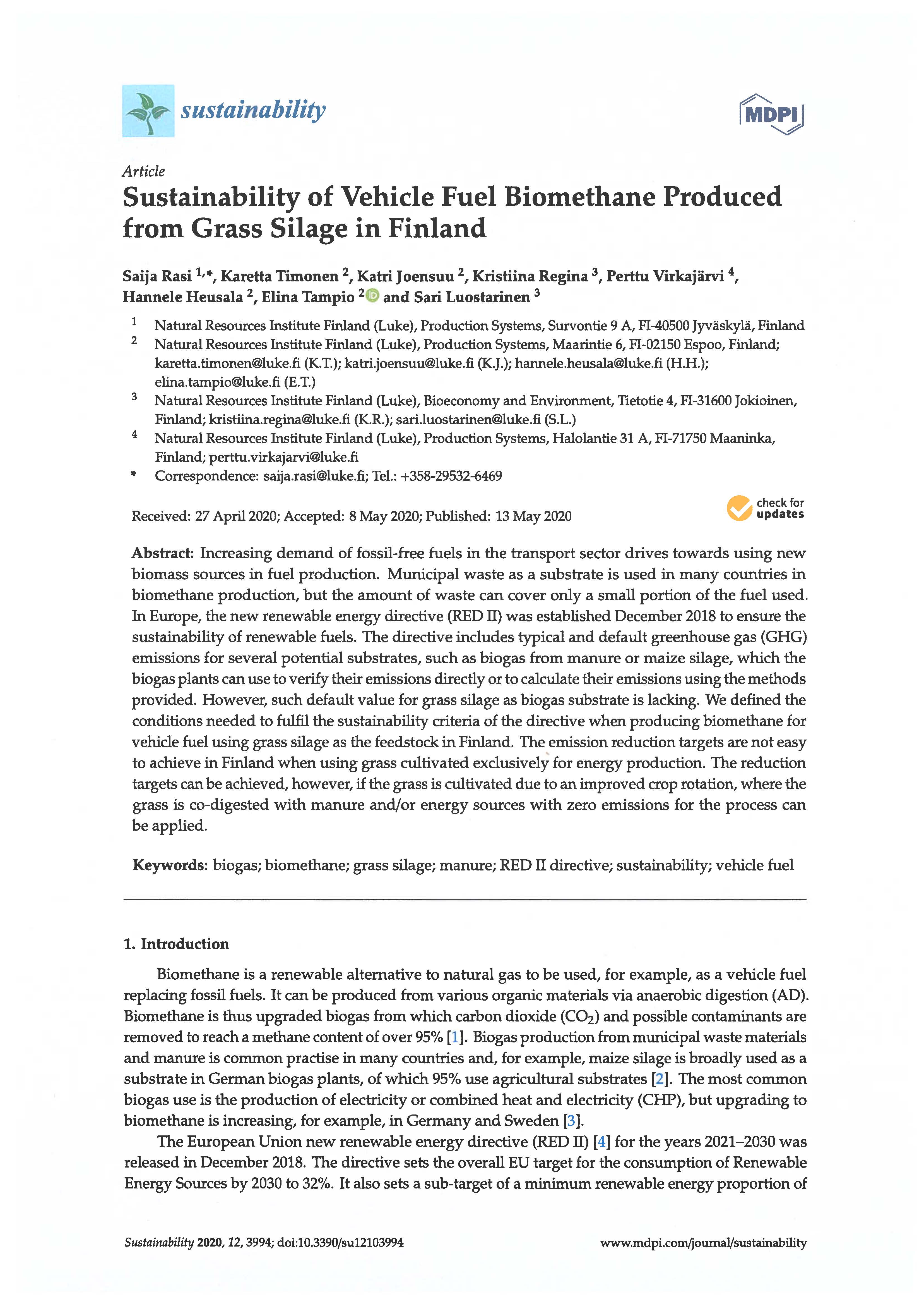 Sustainability of Vehicle Fuel Biomethane Produced from Grass Silage in Finland-image