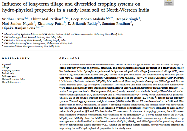 Influence of long-term tillage and diversified cropping systems on hydro-physical properties in a sandy loam soil of North-Western India-image