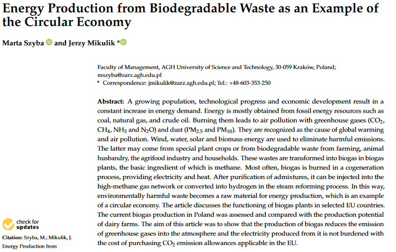 Energy Production from Biodegradable Waste as an Example of the Circular Economy-image