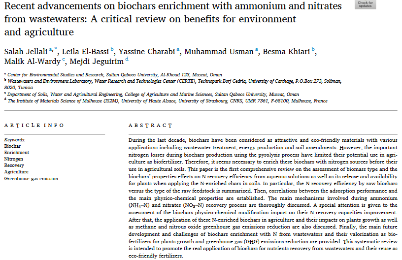 Recent advancements on biochars enrichment with ammonium and nitrates from wastewaters: A critical review on benefits for environment and agriculture-image