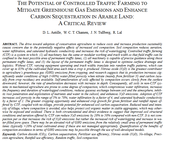 The potential of controlled traffic farming to mitigate greenhouse gas emissions and enhance carbon sequestration in arable land: A critical review-image