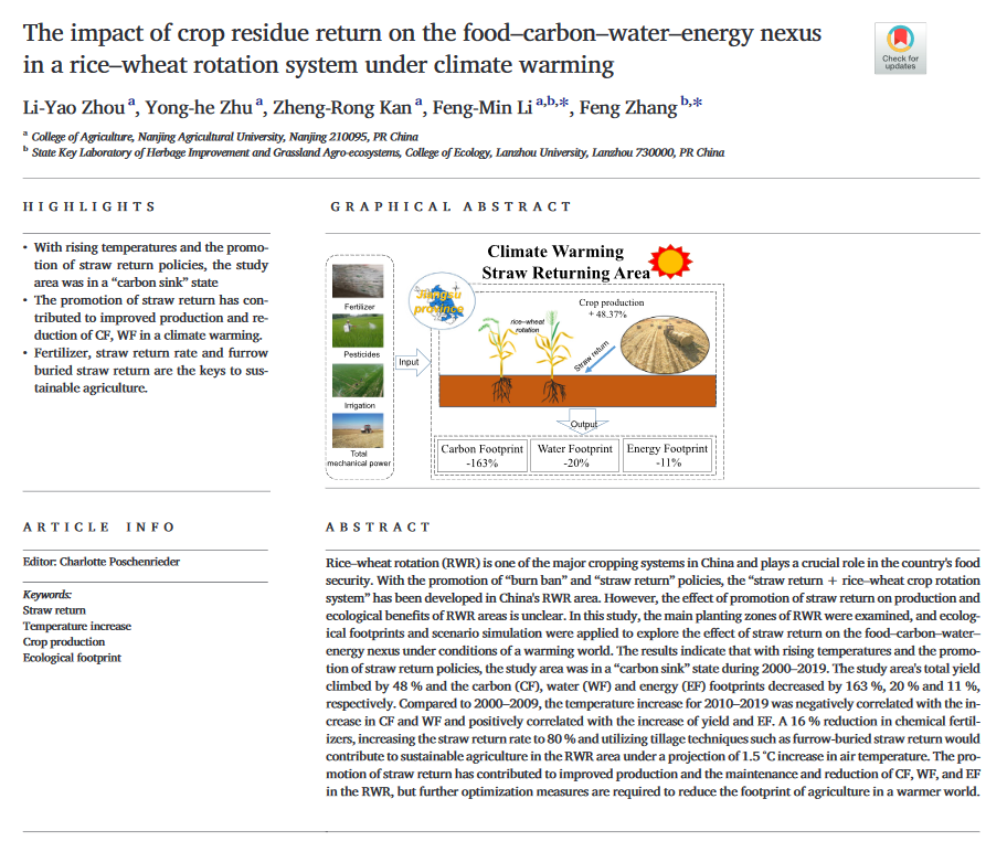 The impact of crop residue return on the food–carbon–water–energy nexus in a rice–wheat rotation system under climate warming-image