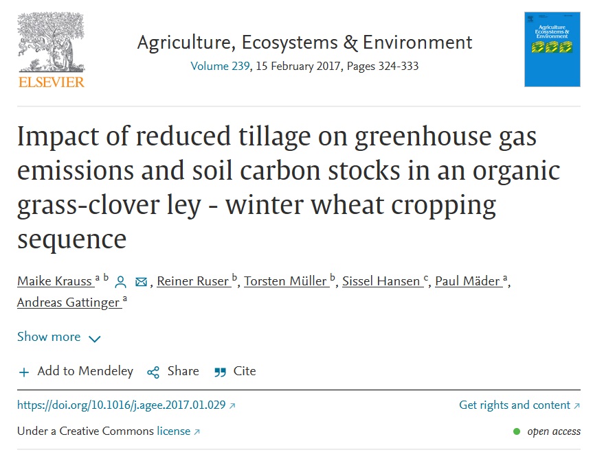Impact of reduced tillage on greenhouse gas emissions and soil carbon stocks in an organic grass-clover ley - winter wheat cropping sequence-image
