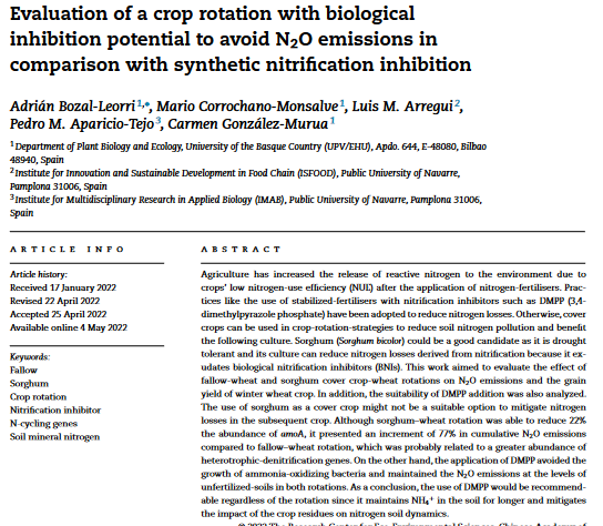 Evaluation of a crop rotation with biological inhibition potential to avoid N2O emissions in comparison with synthetic nitrification inhibition-image
