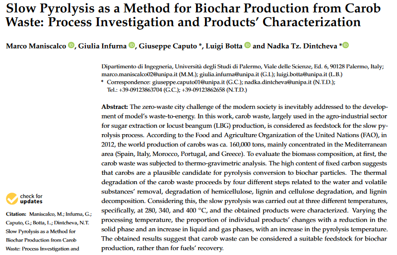 Slow pyrolysis as a method for biochar production from carob waste: Process investigation and products’ characterization-image