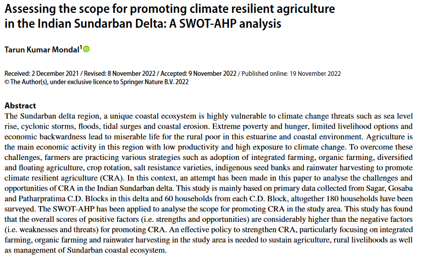Valutare la possibilità di promuovere un'agricoltura resiliente ai cambiamenti climatici nel delta indiano del Sundarban: un'analisi SWOT-AHP-image