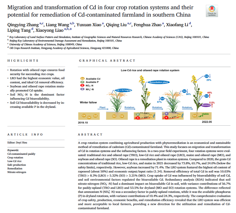 Migration and transformation of Cd in four crop rotation systems and their potential for remediation of Cd-contaminated farmland in southern China-image