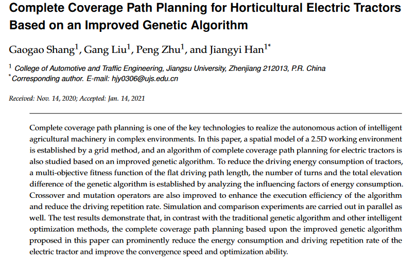 Complete coverage path planning for horticultural electric tractors based on an improved genetic algorithm-image