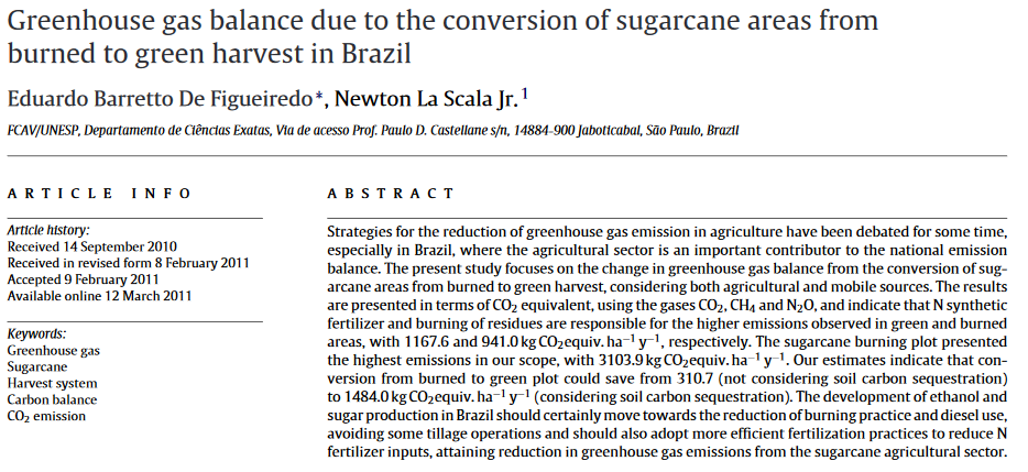 Greenhouse gas balance due to the conversion of sugarcane areas from burned to green harvest in Brazil-image