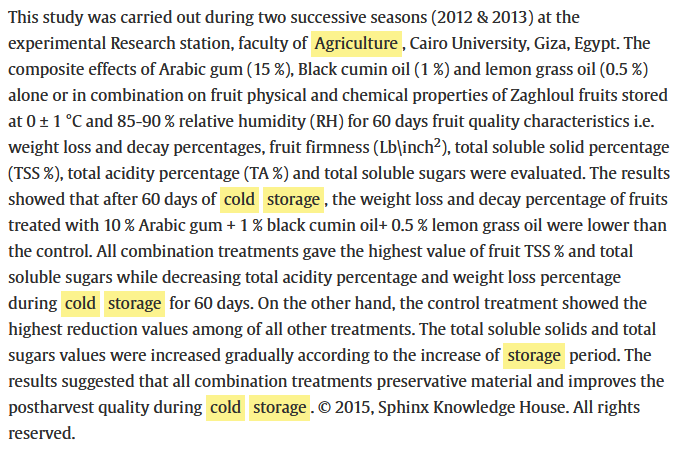 The effectiveness of plant essential oils and Arabic gum on the postharvest treatments of Zaghloul dates fruit during cold storage-image