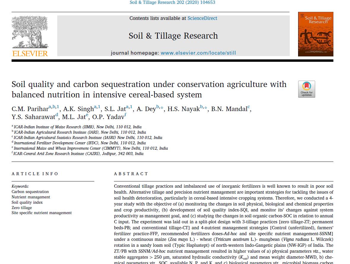 Soil quality and carbon sequestration under conservation agriculture with balanced nutrition in intensive cereal-based system-image