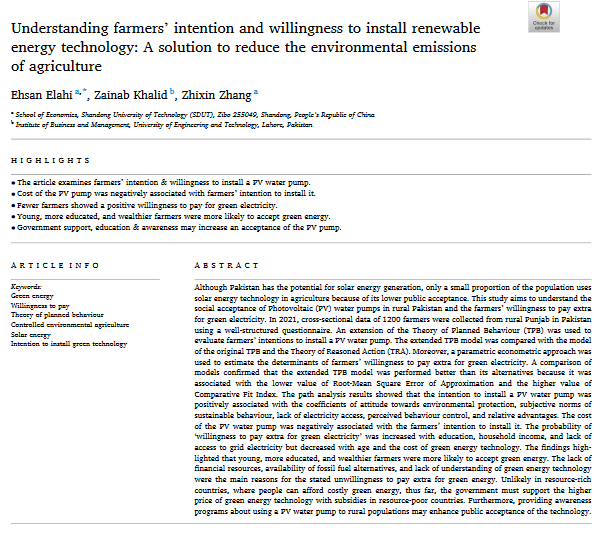 Understanding farmers’ intention and willingness to install renewable energy technology: A solution to reduce the environmental emissions of agriculture-image