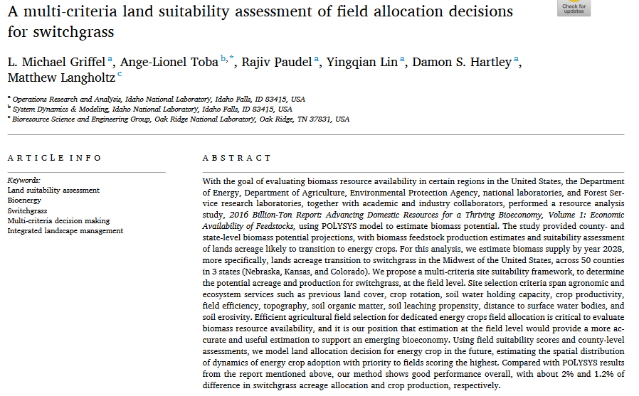 A multi-criteria land suitability assessment of field allocation decisions for switchgrass-image
