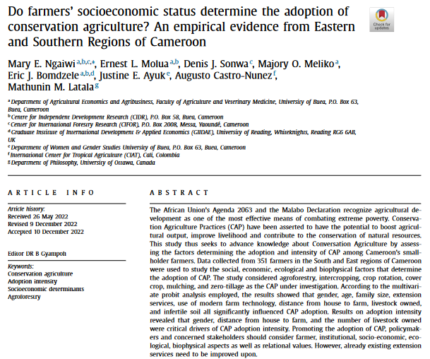 Do farmers’ socioeconomic status determine the adoption of conservation agriculture? An empirical evidence from Eastern and Southern Regions of Cameroon-image