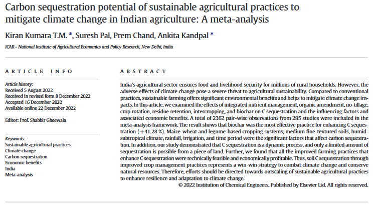 Potenziale di sequestro del carbonio delle pratiche agricole sostenibili per mitigare i cambiamenti climatici nell'agricoltura indiana: una meta-analisi-image