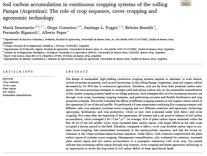 Soil carbon accumulation in continuous cropping systems of the rolling Pampa (Argentina): The role of crop sequence, cover cropping and agronomic technology-image