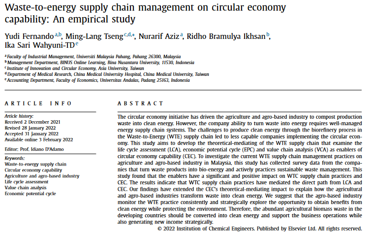 Waste-to-energy supply chain management on circular economy capability: An empirical study-image