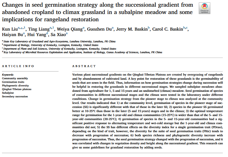 Changes in seed germination strategy along the successional gradient from abandoned cropland to climax grassland in a subalpine meadow and some implications for rangeland restoration-image