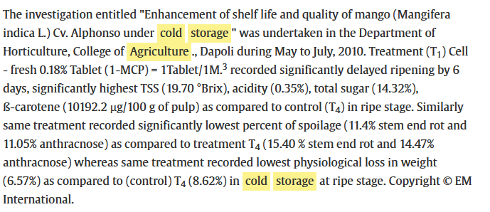 Enhancement of shelf life and quality of mango (Mangifera indica L.) Cv. Alphonso under cold storage-image