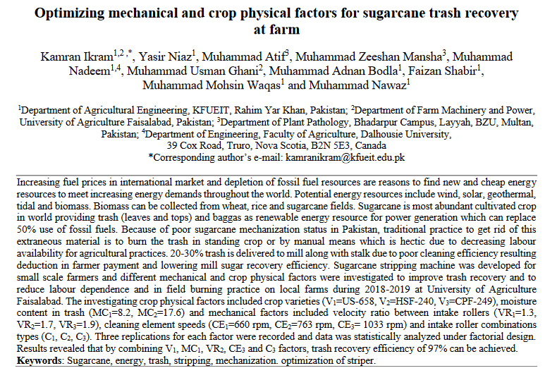 Optimizing mechanical and crop physical factors for sugarcane trash recovery at farm-image