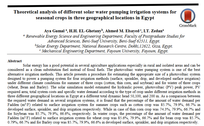 Theoretical analysis of different solar water pumping irrigation systems for seasonal crops in three geographical locations in Egypt-image