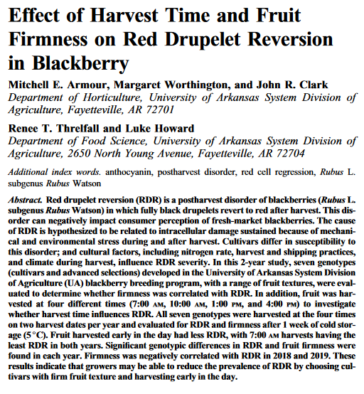 Effect of harvest time and fruit firmness on red drupelet reversion in blackberry-image