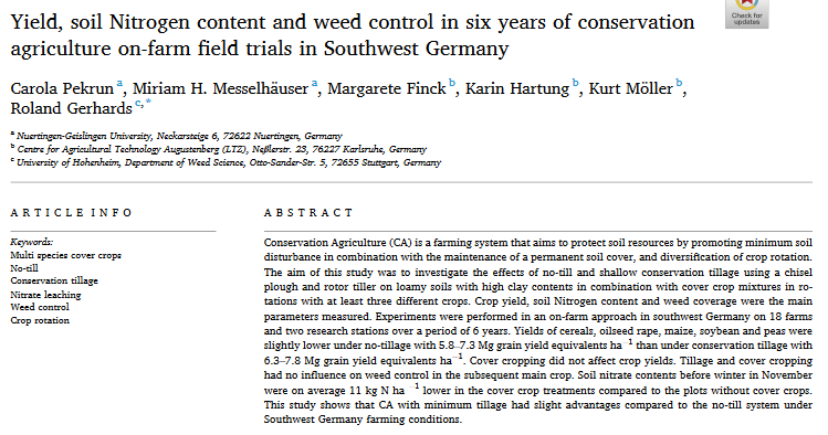 Yield, soil Nitrogen content and weed control in six years of conservation agriculture on-farm field trials in Southwest Germany-image