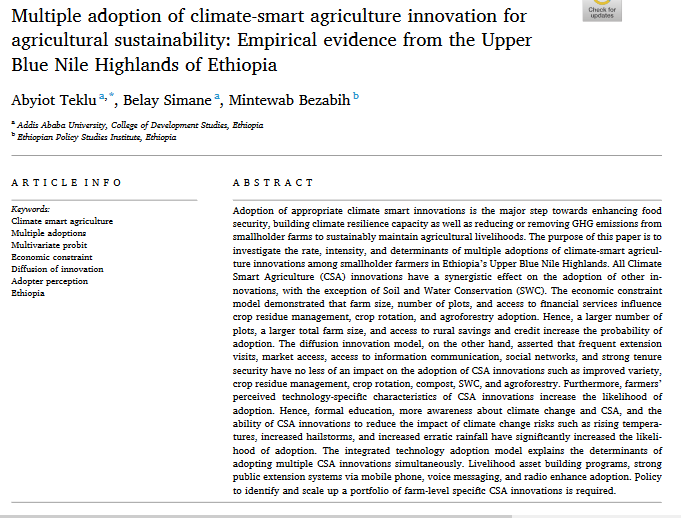 Adozione multipla dell'innovazione agricola intelligente per il clima per la sostenibilità agricola: prove empiriche dagli altopiani dell'Alto Nilo Azzurro in Etiopia-image