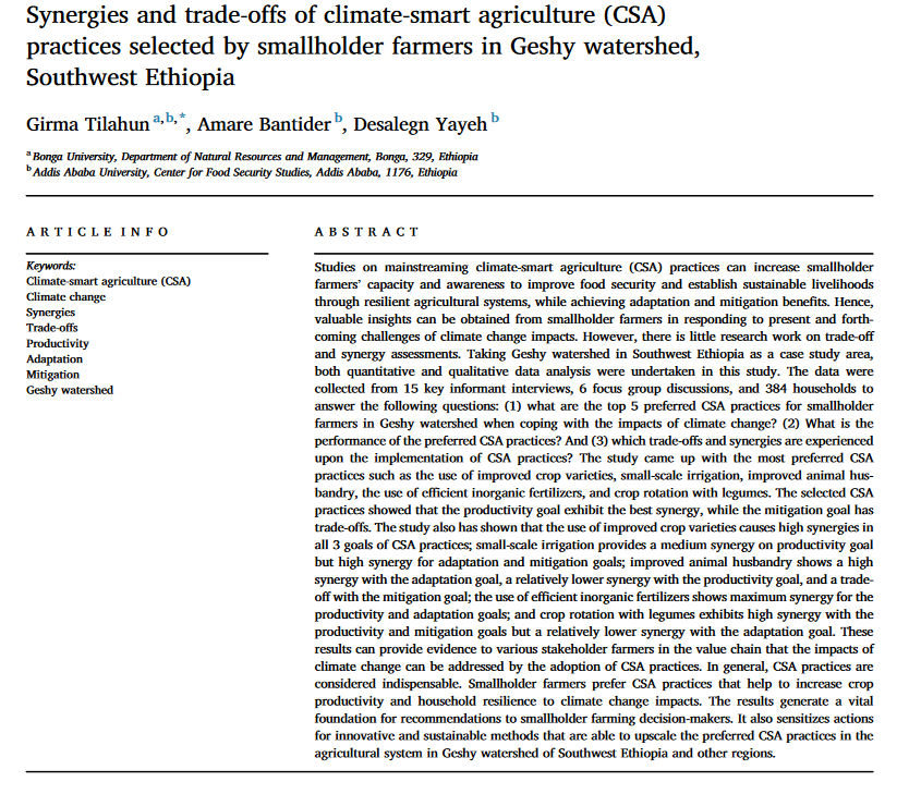 Synergies and trade-offs of climate-smart agriculture (CSA) practices selected by smallholder farmers in Geshy watershed, Southwest Ethiopia-image