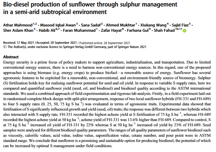 Bio-diesel production of sunflower through sulphur management in a semi-arid subtropical environment-image