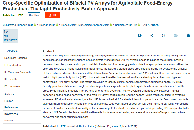Crop-Specific Optimization of Bifacial PV Arrays for Agrivoltaic Food-Energy Production: The Light-Productivity-Factor Approach-image