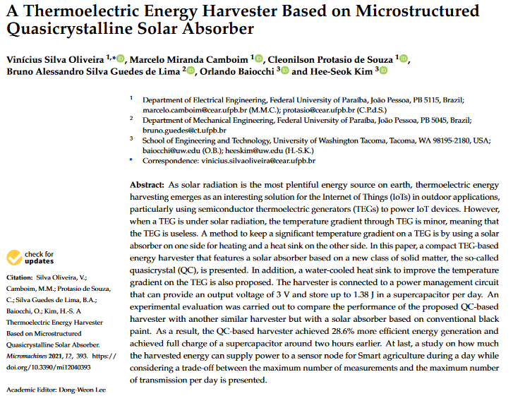 A thermoelectric energy harvester based on microstructured quasicrystalline solar absorber-image
