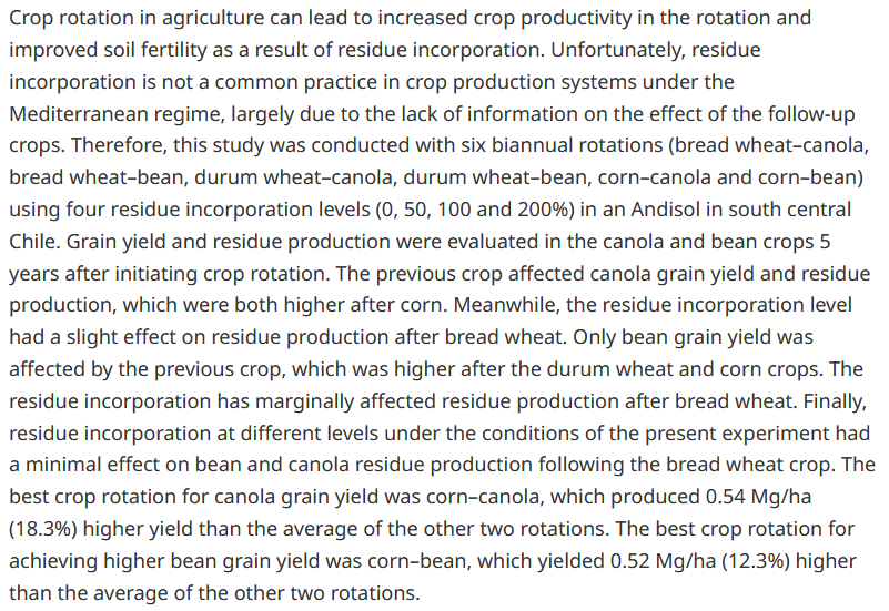 Effetto di tre rotazioni colturali e quattro livelli di residui sulla resa di colza e fagioli e sulla produzione di residui-image