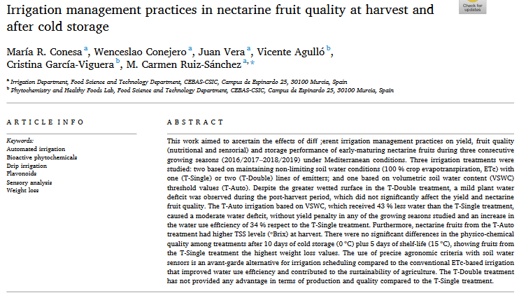 Irrigation management practices in nectarine fruit quality at harvest and after cold storage-image