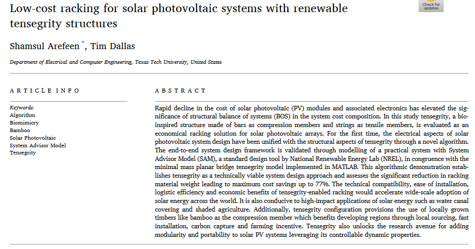 Low-cost racking for solar photovoltaic systems with renewable tensegrity structures-image