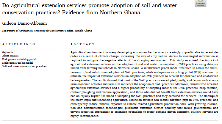I servizi di divulgazione agricola promuovono l'adozione di pratiche di conservazione del suolo e dell'acqua? Prove dal nord del Ghana-image