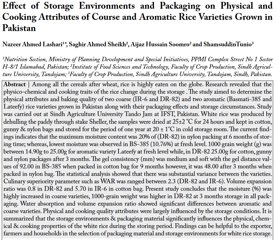 Effect of Storage Environments and Packaging on Physical and Cooking Attributes of Course and Aromatic Rice Varieties Grown in Pakistan-image