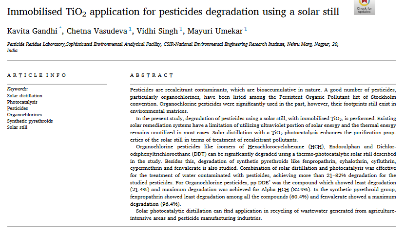 Immobilised TiO2 application for pesticides degradation using a solar still-image