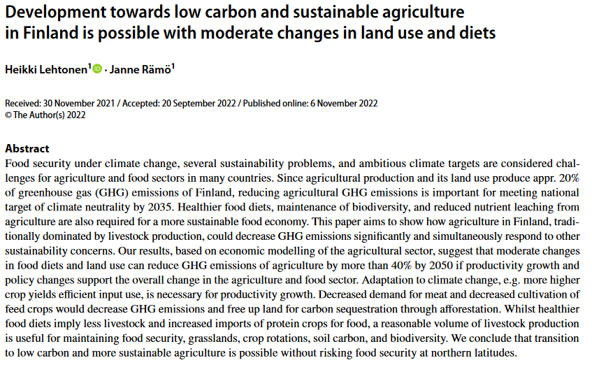 Lo sviluppo verso un'agricoltura a basse emissioni di carbonio e sostenibile in Finlandia è possibile con cambiamenti moderati nell'uso del suolo e nelle diete-image