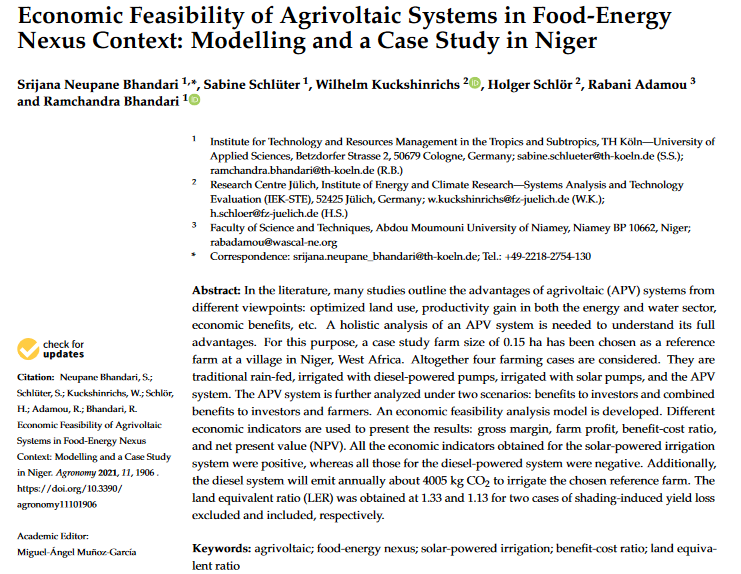 Economic feasibility of agrivoltaic systems in food-energy nexus context: Modelling and a case study in Niger-image