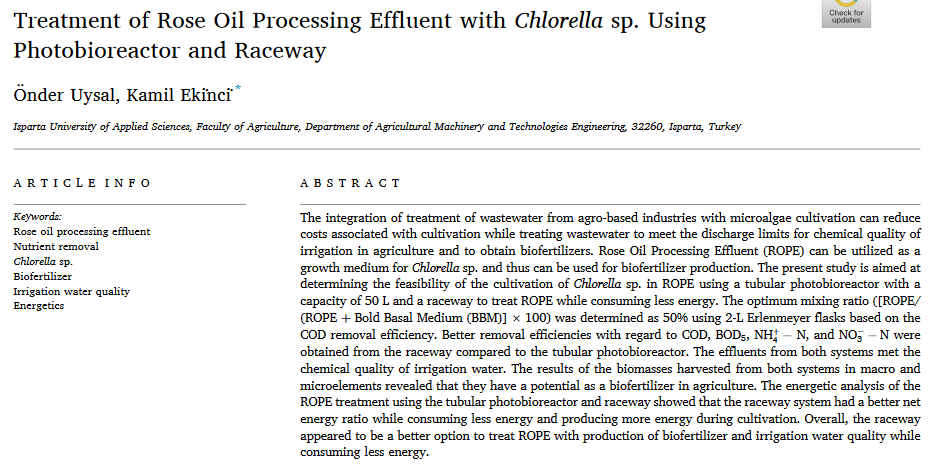 Behandling af spildevand fra rosenoliebehandling med Chlorella sp. Brug af Photobioreactor og Raceway-image