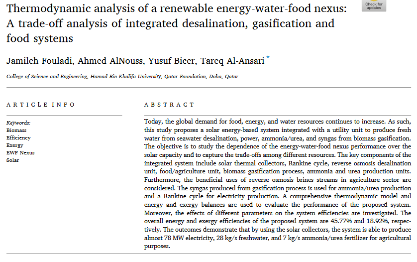 Thermodynamic analysis of a renewable energy-water-food nexus: A trade-off analysis of integrated desalination, gasification and food systems-image