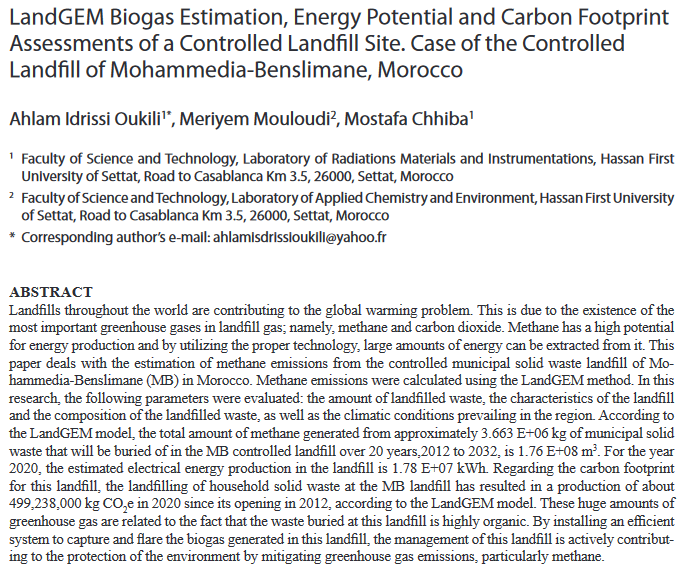 LandGEM Biogas Estimation, Energy Potential and Carbon Footprint Assessments of a Controlled Landfill Site. Case of the Controlled Landfill of Mohammedia-Benslimane, Morocco-image