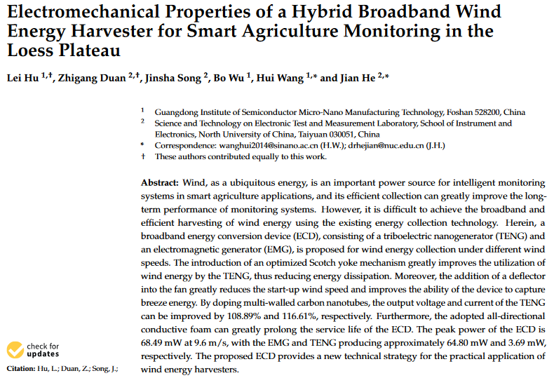 Electromechanical Properties of a Hybrid Broadband Wind Energy Harvester for Smart Agriculture Monitoring in the Loess Plateau-image